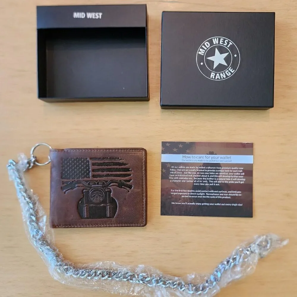 Patriotic Biker Wallet with Chain for Men - Distressed Brown Leather Wallet